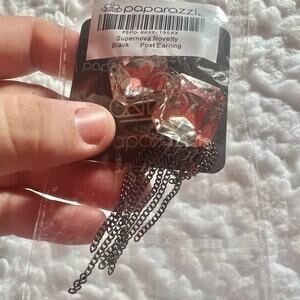 NWT paparazzi supernova novelty black stud earrings big clear gems dangle chains